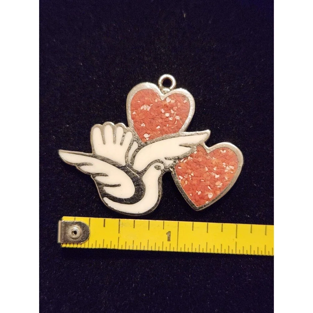 Vintage G&S Dove Pendant Pewter Coral Inlay Hearts Peace Love ©93
